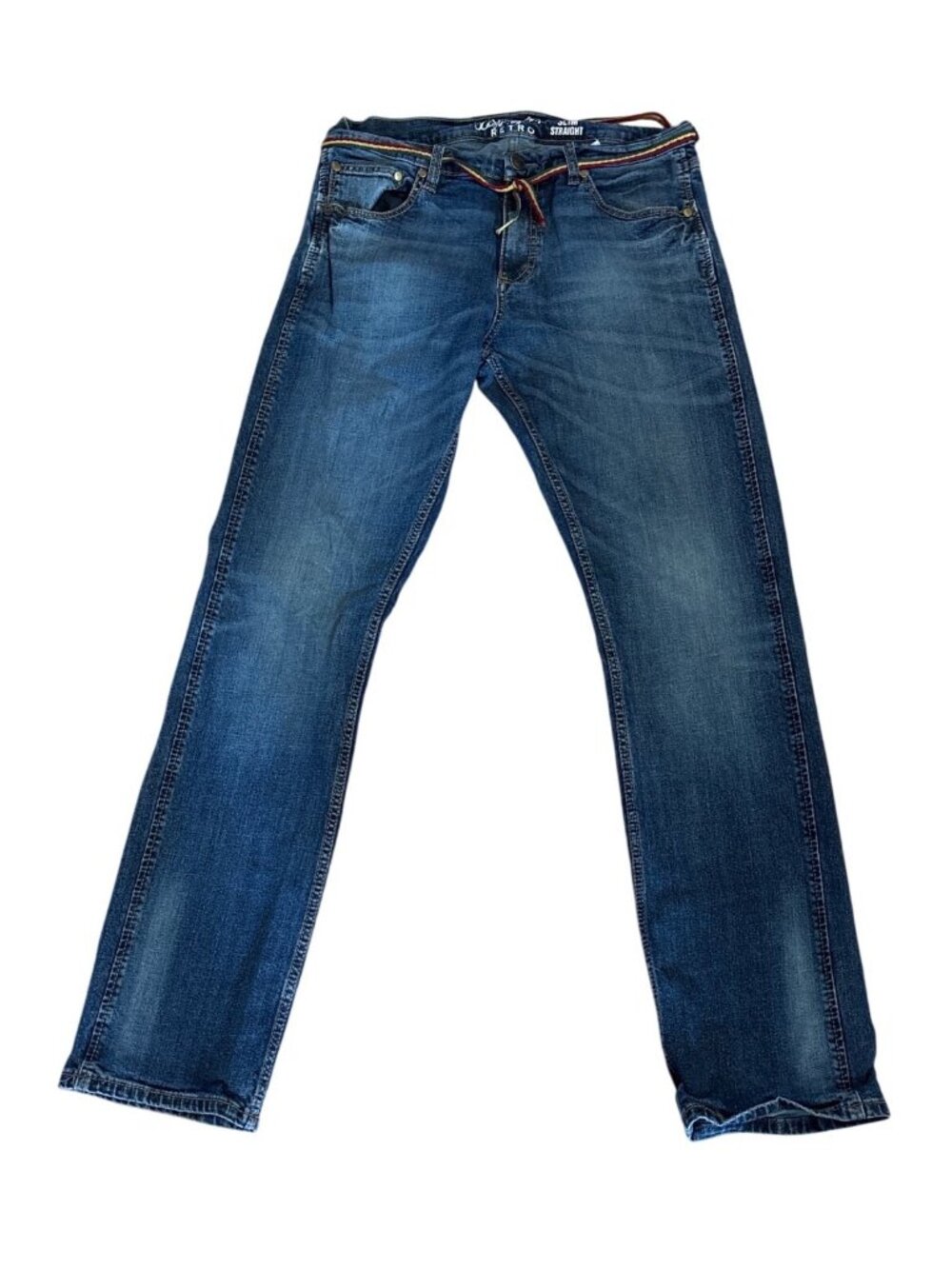 Wrangler Retro Slim Straight Jeans Mens 32/34 With Rasta Belt  Denim Blue Men